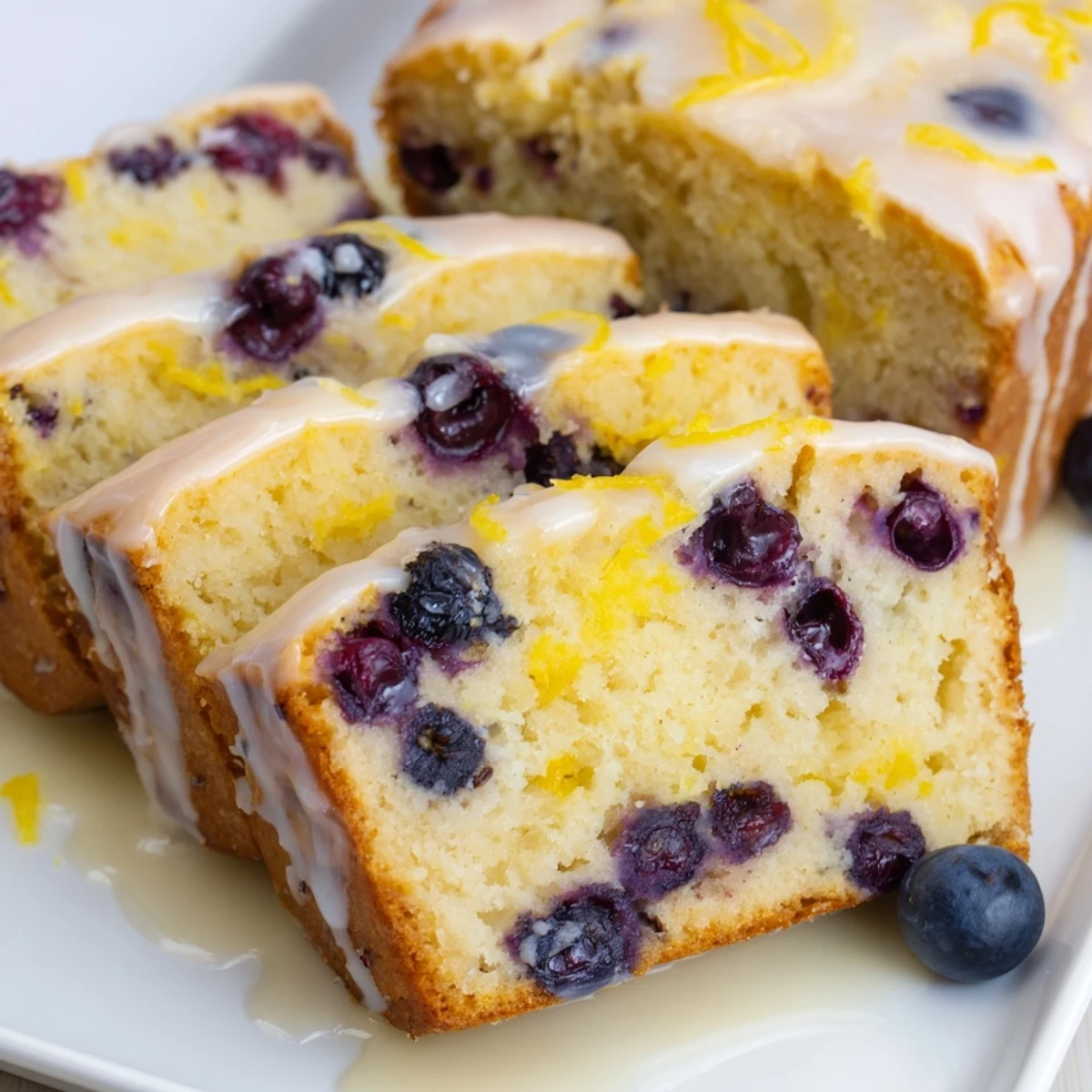 A moist slice of Lemon Blueberry Yogurt Loaf Cake served with tea on a sunny porch.