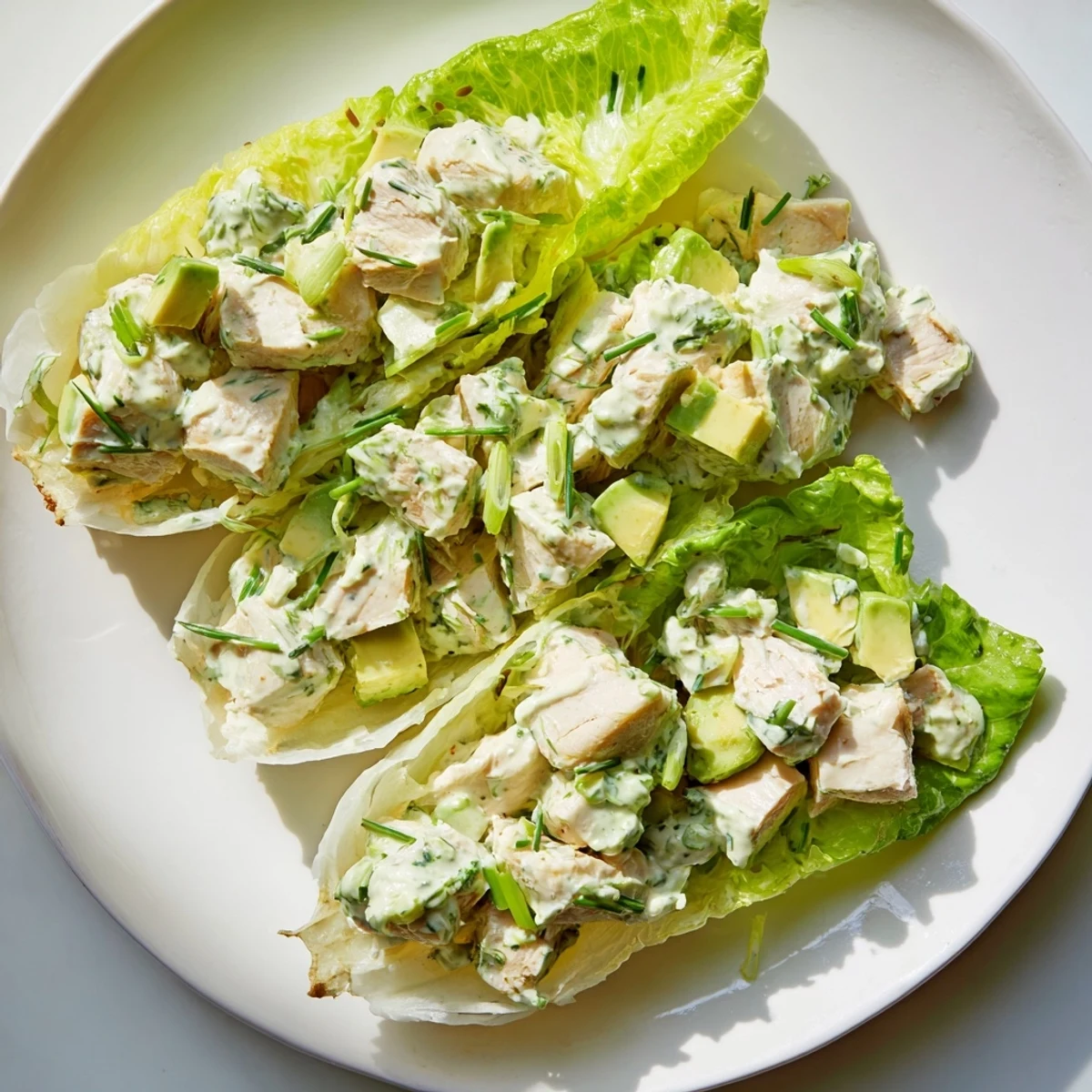 Freshly roasted diced chicken tossed in herby Green Goddess Chicken Salad, nestled inside crisp butter lettuce cups for a vibrant, light lunch.