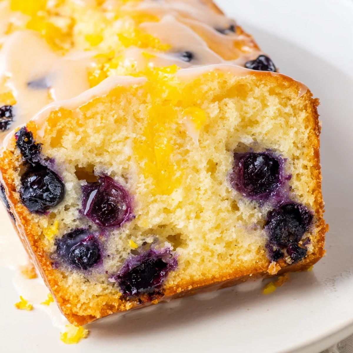 Moist Lemon Blueberry Yogurt Loaf Cake on a white plate, bright with lemon zest and perfect for breakfast or dessert.