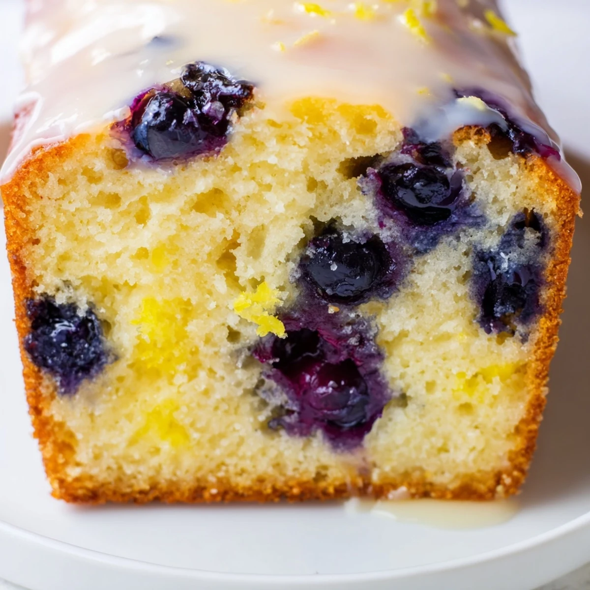 A slice of Lemon Blueberry Yogurt Loaf Cake showing a tender crumb with fresh blueberries and a sweet lemon glaze drizzle.