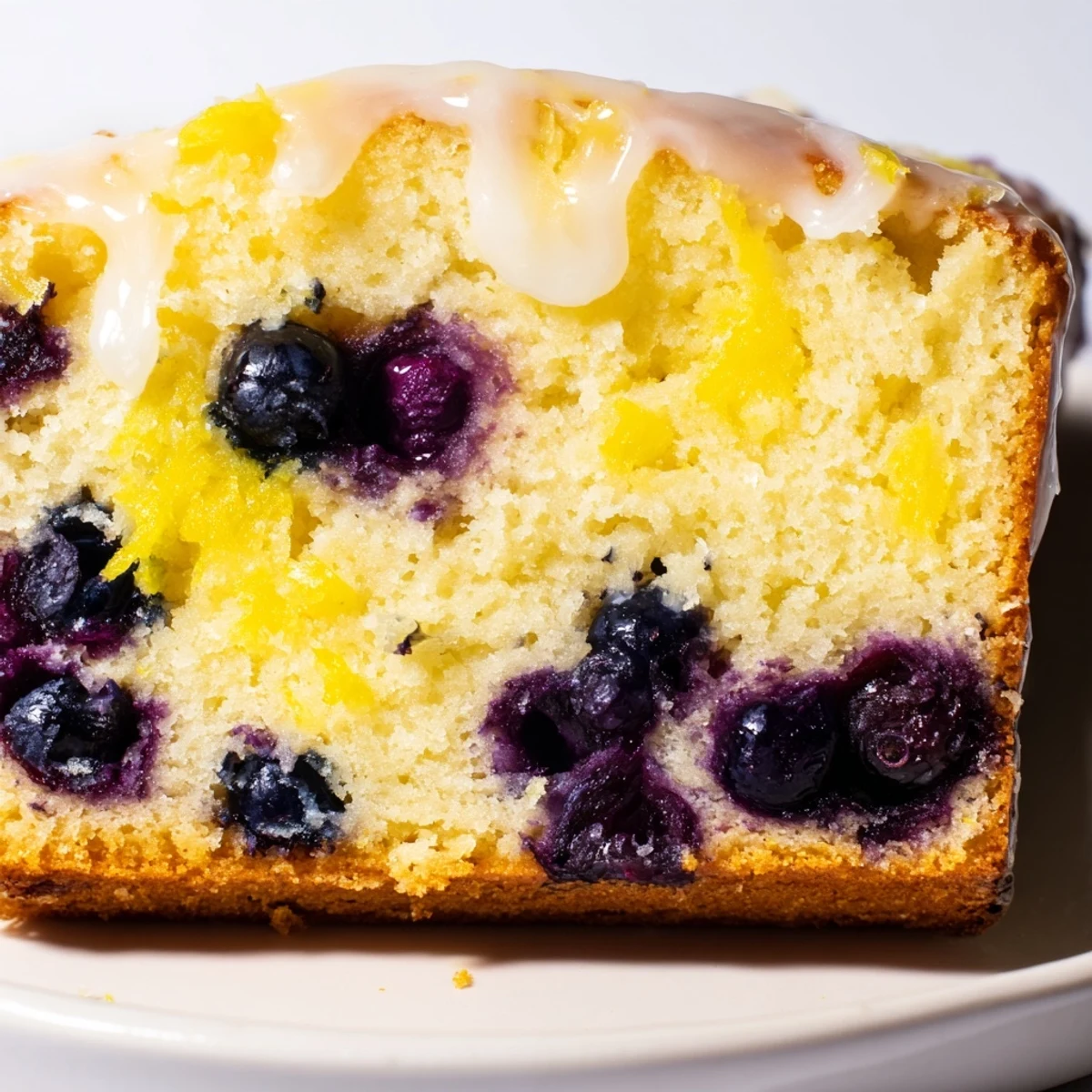 Overhead view of Lemon Blueberry Yogurt Loaf Cake, glazed and ready to serve alongside a steaming cup of tea.