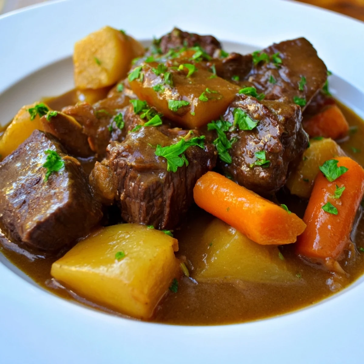 Steaming bowl of Irish Beef Stew with Rich Gravy, featuring tender beef and root vegetables in a savory sauce.