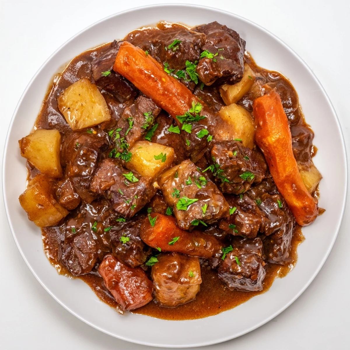 A close-up of Irish Beef Stew with Rich Gravy, garnished with fresh parsley and served alongside crusty bread.