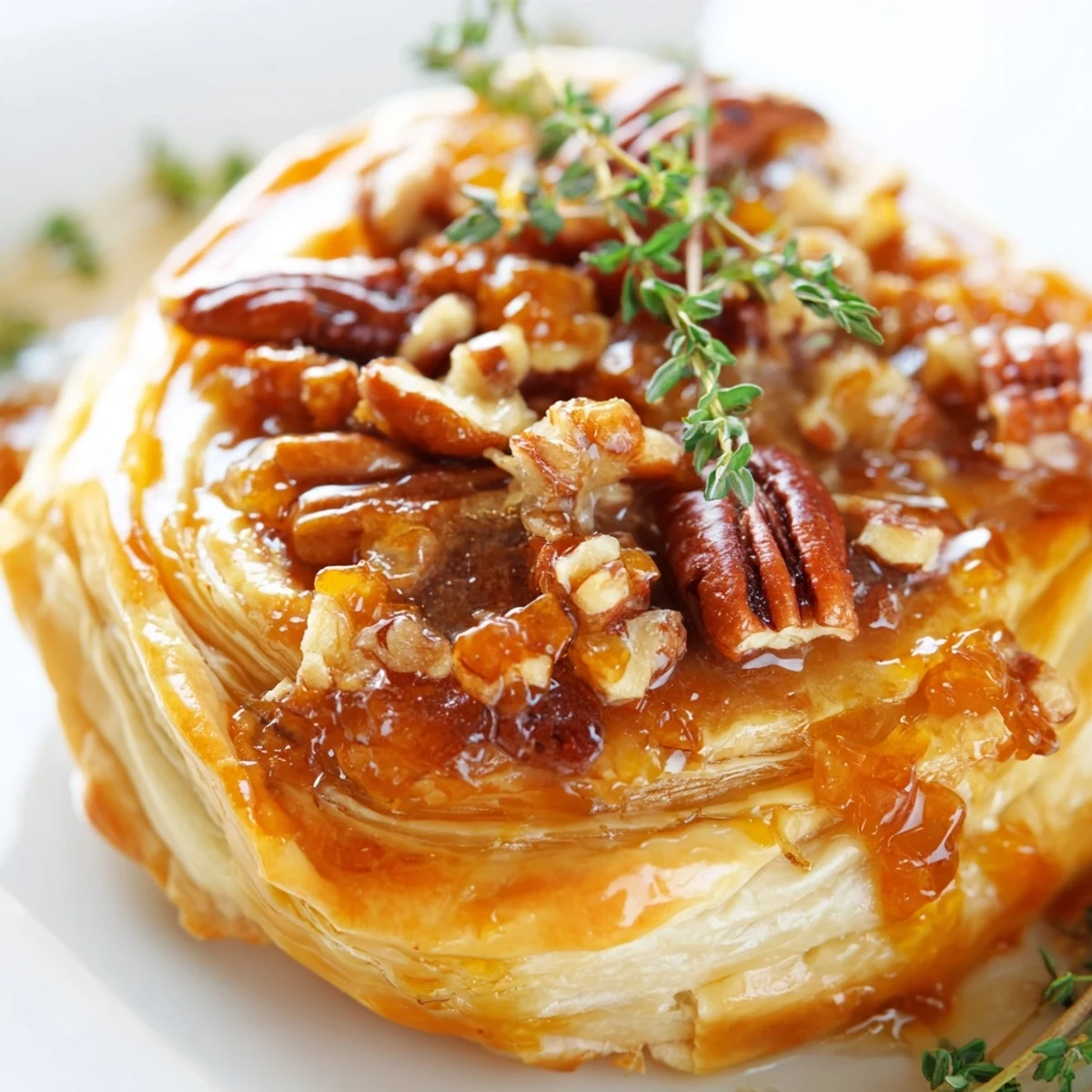 Golden puff pastry encasing a wheel of Brie topped with apricot preserves and toasted pecans on a baking sheet.