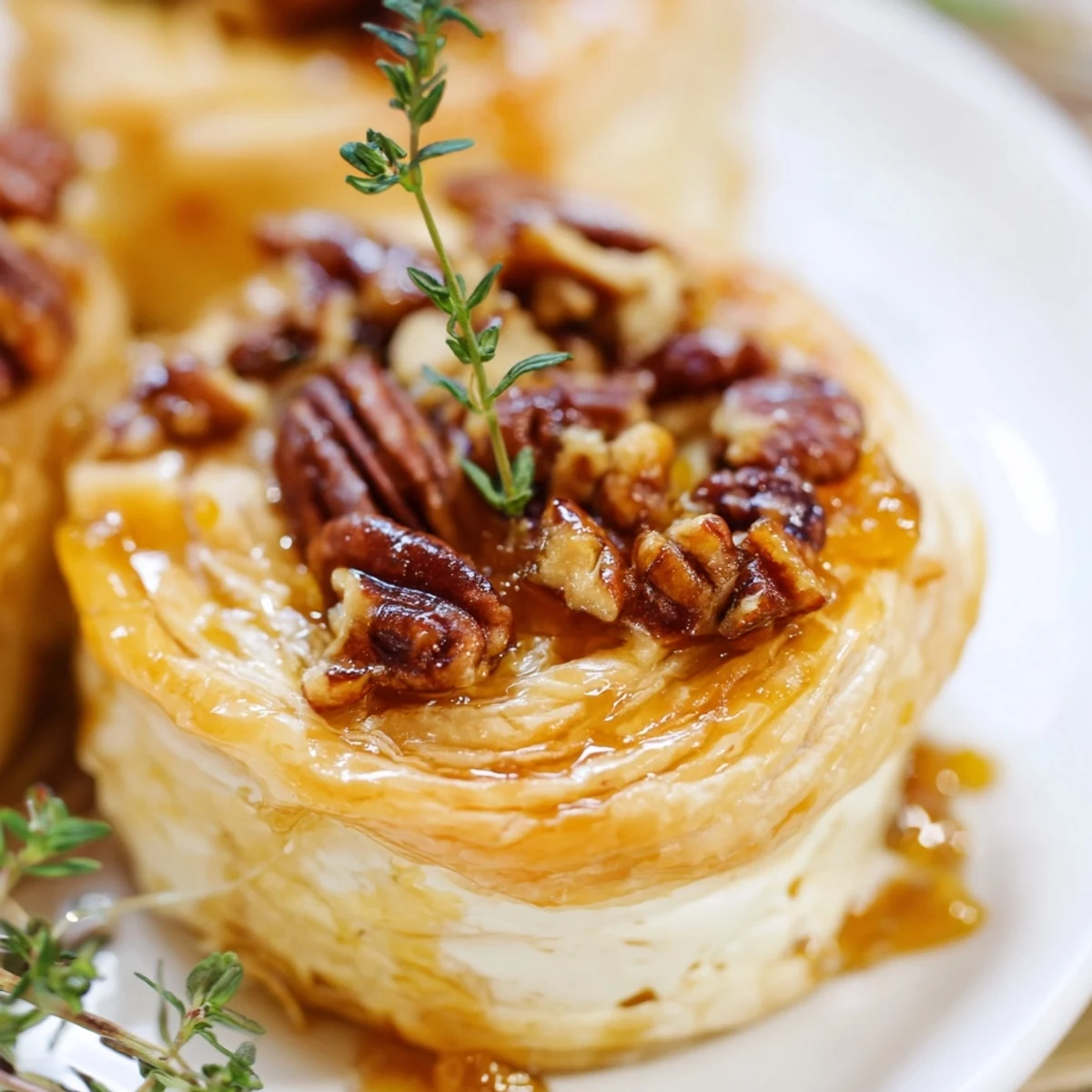 A slice of Baked Brie with Apricot Preserves and Pecans reveals the creamy interior and flaky crust on a plate.