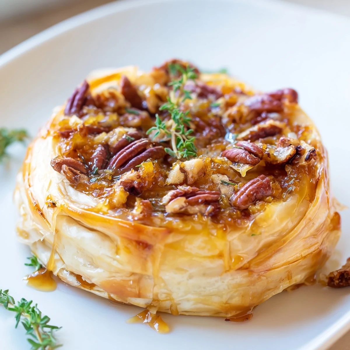 Serving suggestion for Baked Brie with Apricot Preserves and Pecans with crackers and thyme garnish on a wooden board.