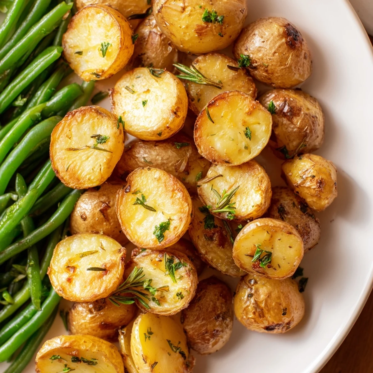 Golden roasted baby potatoes and crisp-tender green beans tossed with fresh garlic and herbs.