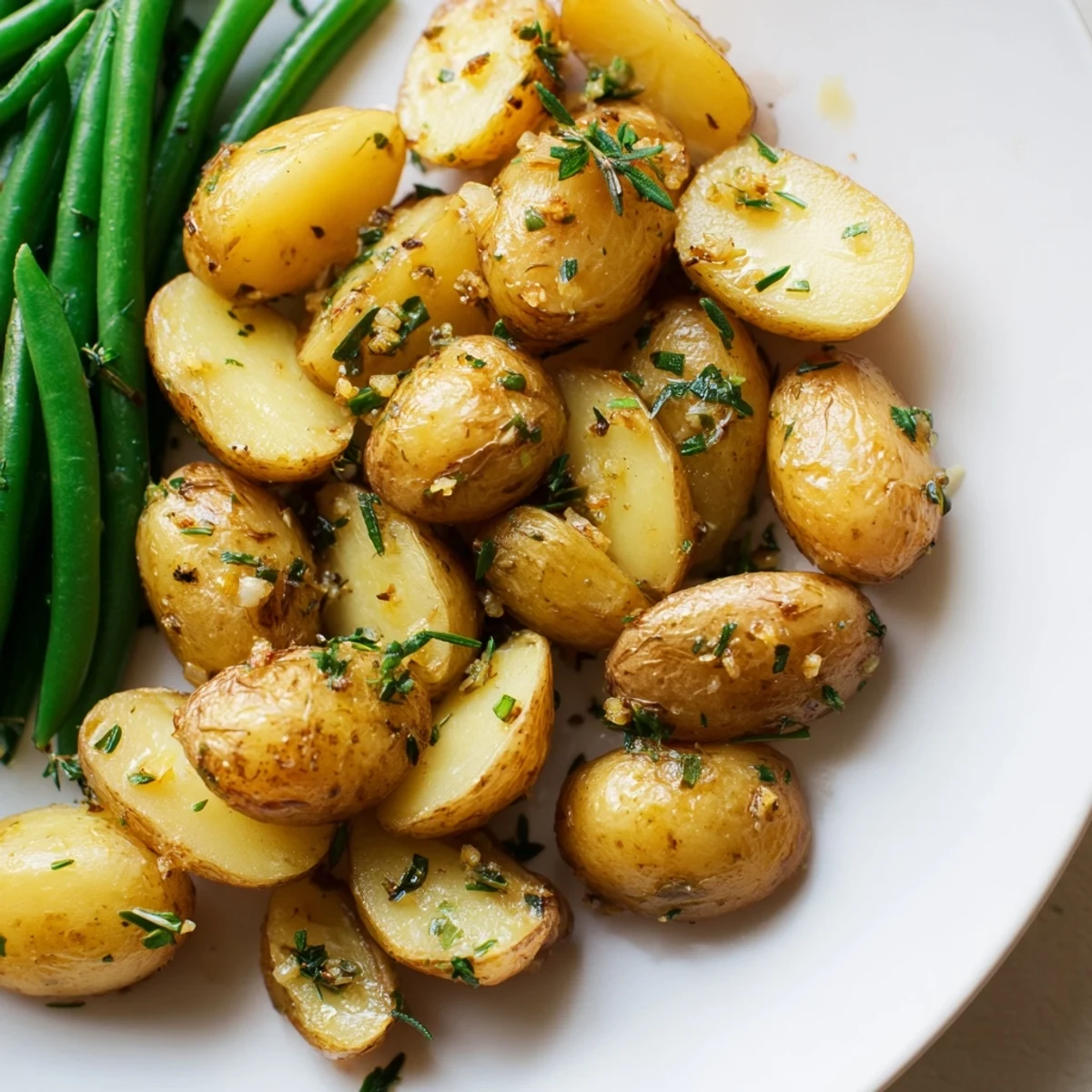 A close-up of Garlic Herb Roasted Potatoes and Green Beans on a serving platter, garnished with parsley.
