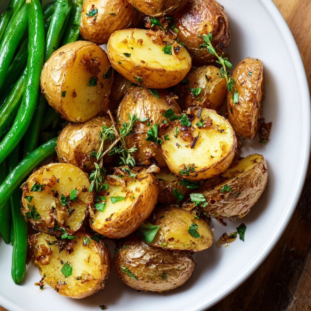 Garlic Herb Roasted Potatoes and Green Beans served warm beside roasted chicken on a festive table.