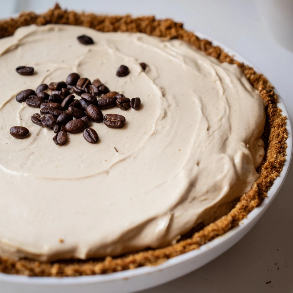 A slice of Keto Cold Brew Coffee Pie showcases creamy filling in a crisp almond flour crust, topped with a dollop of whipped cream.