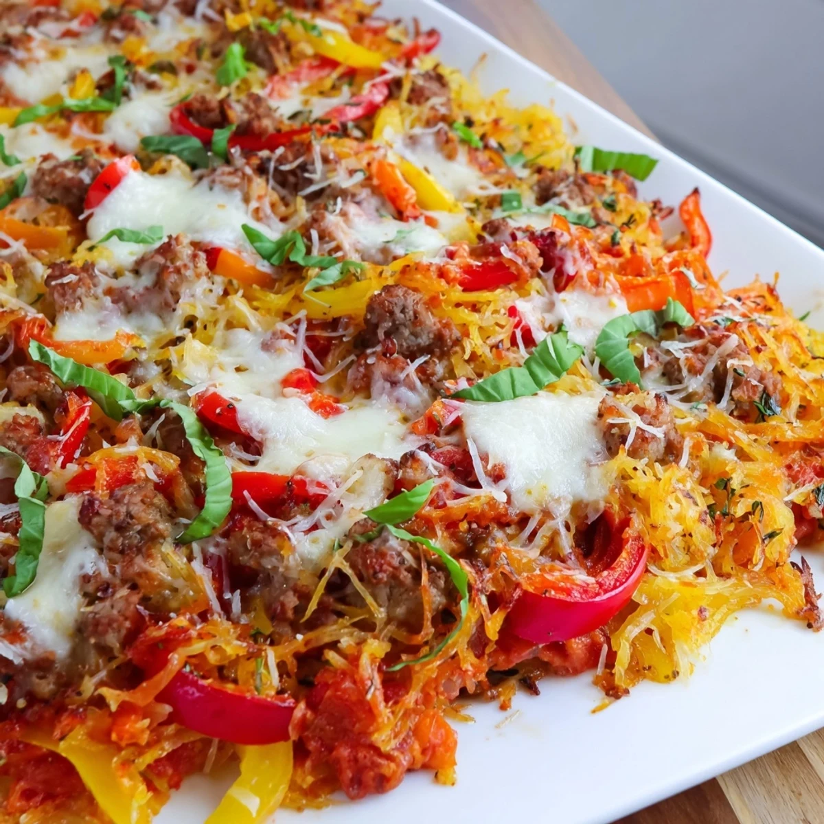 Golden baked Sausage and Peppers Spaghetti Squash Casserole with bubbly melted mozzarella on top.