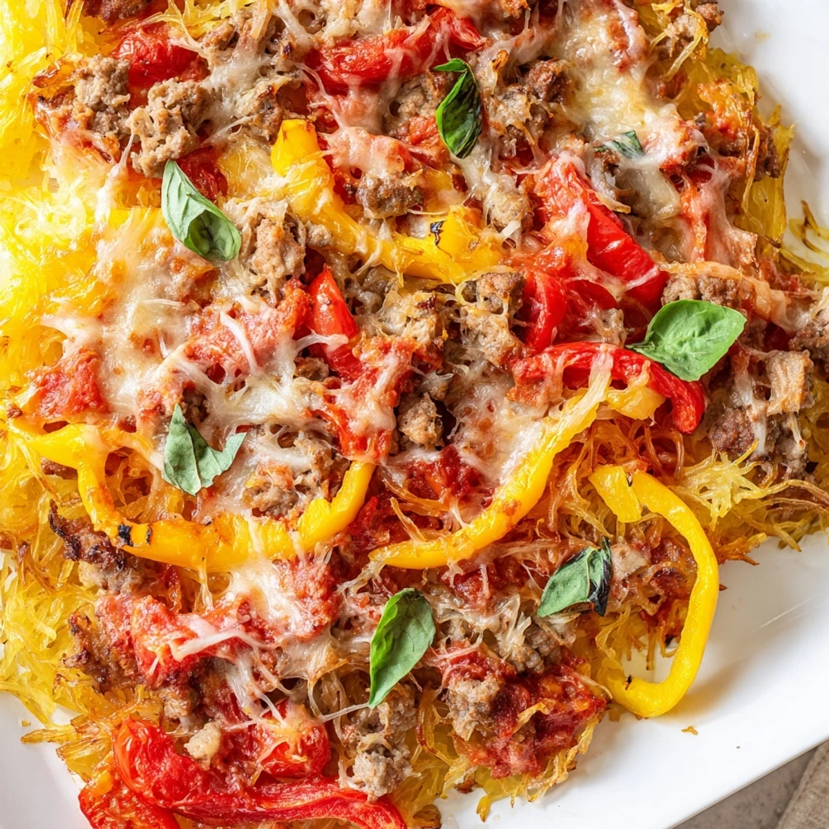 A close-up of the low-carb casserole featuring spaghetti squash strands, savory sausage, and peppers.