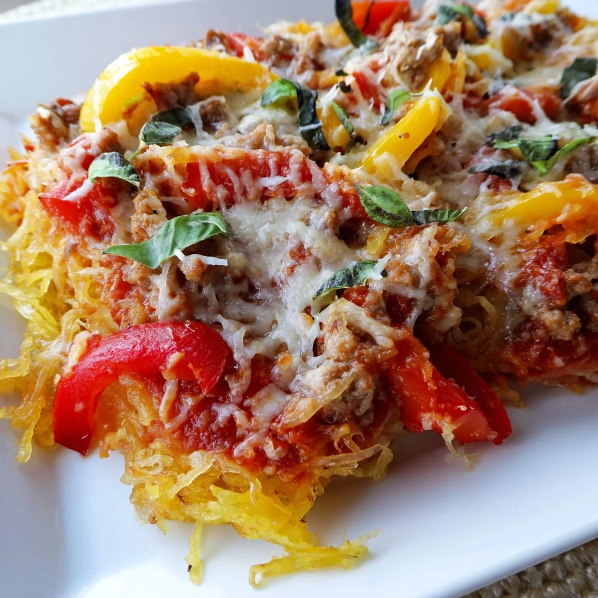 Fresh basil garnishes this hearty Italian-American Sausage and Peppers Spaghetti Squash Casserole straight from the oven.