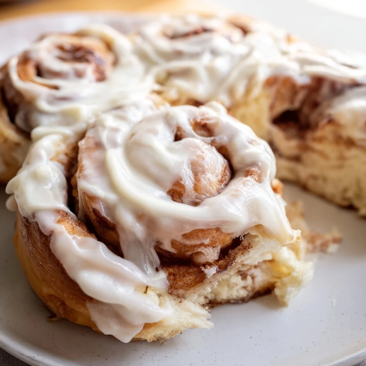 A plate of Keto Cinnamon Buns topped with icing, served warm as a perfect gluten-free and low-carb dessert or snack.