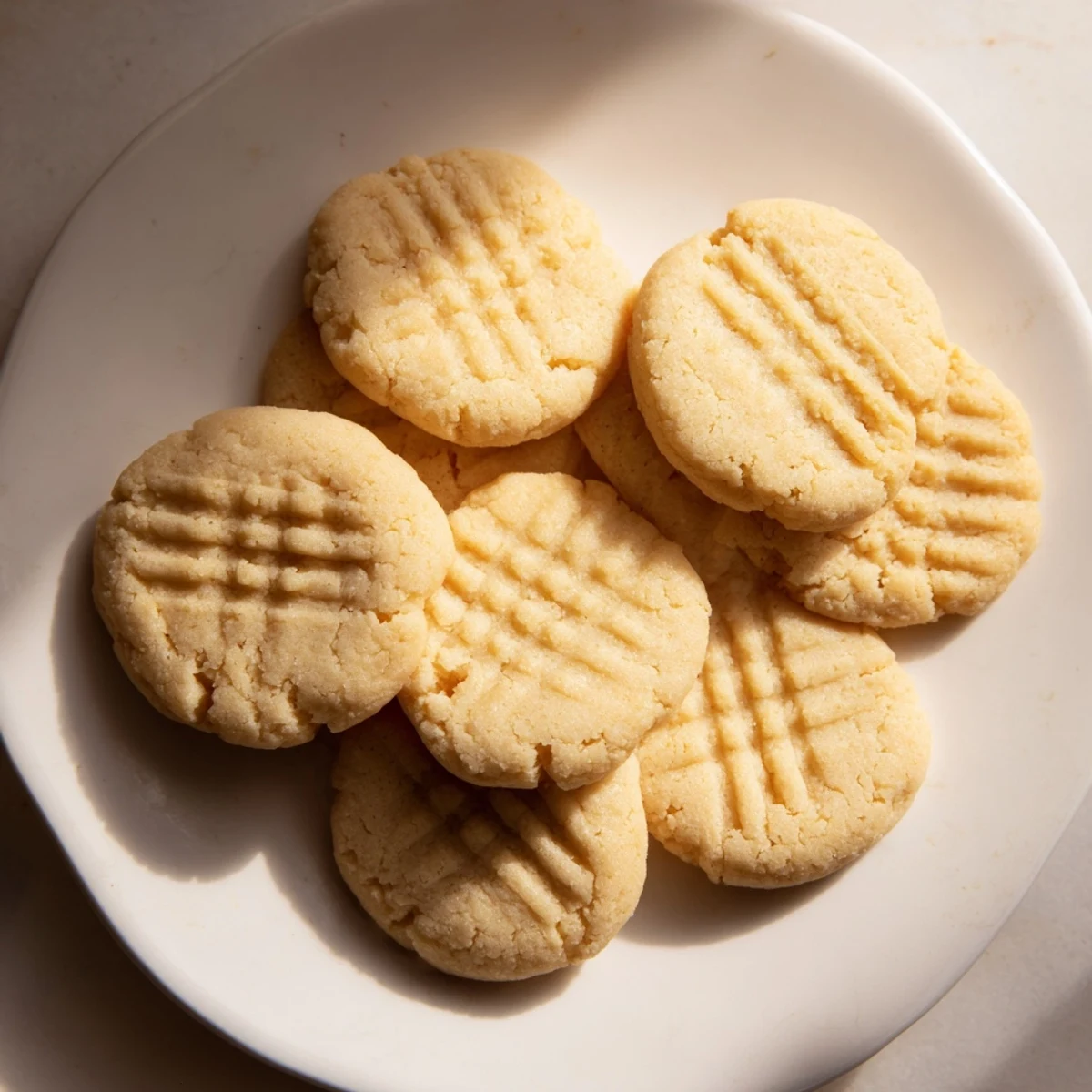 Freshly baked Keto Butter Cookies displayed on a rustic wooden table, showing their golden crisscross pattern and tender, melt-in-your-mouth texture.