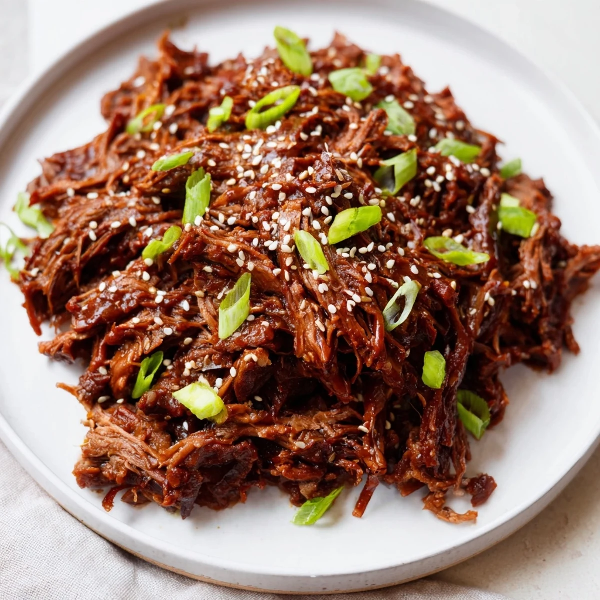 Family-style platter of Slow Cooker Korean Beef piled over steaming white rice, ready to enjoy with chopsticks on the side.