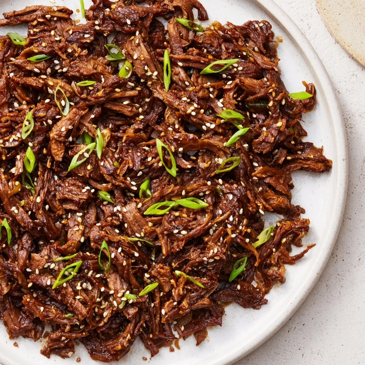 Hearty Slow Cooker Korean Beef served in crisp lettuce wraps, topped with vibrant red chili slices for a spicy kick.
