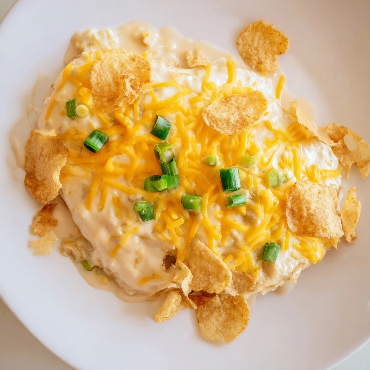 Golden-brown baked Sour Cream and Onion Chicken breasts resting in a creamy, cheesy sauce with green onion garnish.