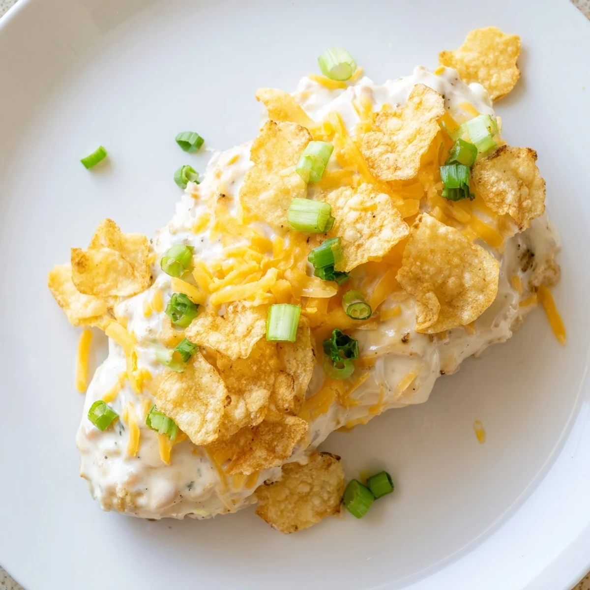 A close-up of Sour Cream and Onion Chicken ready to serve, topped with melted cheddar and crunchy gluten-free chips.