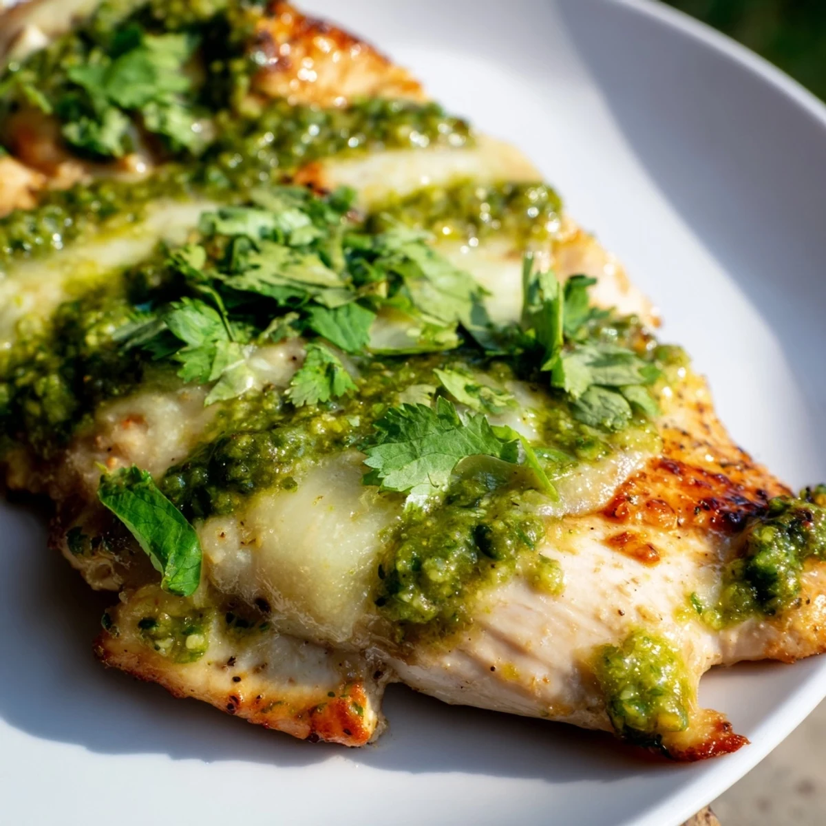 Four juicy grilled chicken breasts topped with vibrant salsa verde and melted pepper jack cheese.  