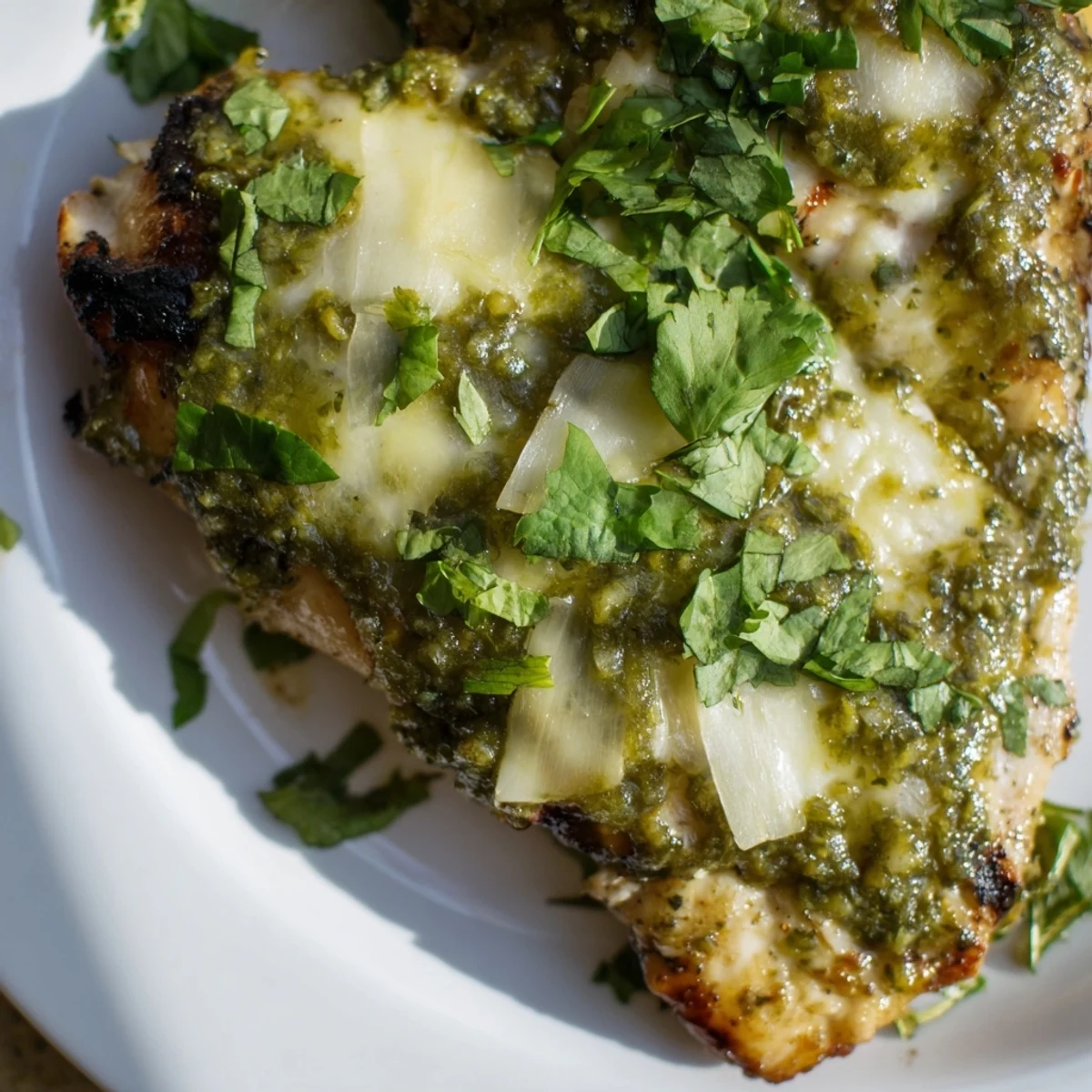 Easy Grilled Salsa Verde Pepper Jack Chicken served with fresh cilantro and avocado slices for a Tex-Mex summer meal.