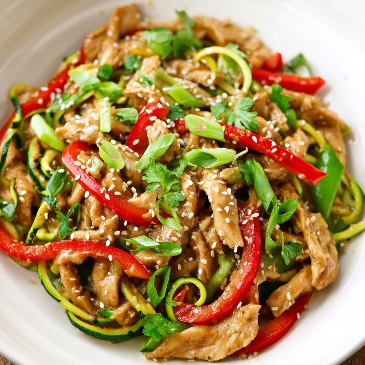 Tender chicken and crisp zucchini noodles tossed in a savory garlic sauce for Garlic Chicken Zucchini Noodles Stir Fry.