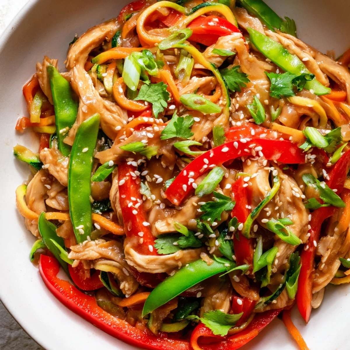 Bright green zucchini noodles and golden chicken pieces glisten with garlic sauce in Garlic Chicken Zucchini Noodles Stir Fry.