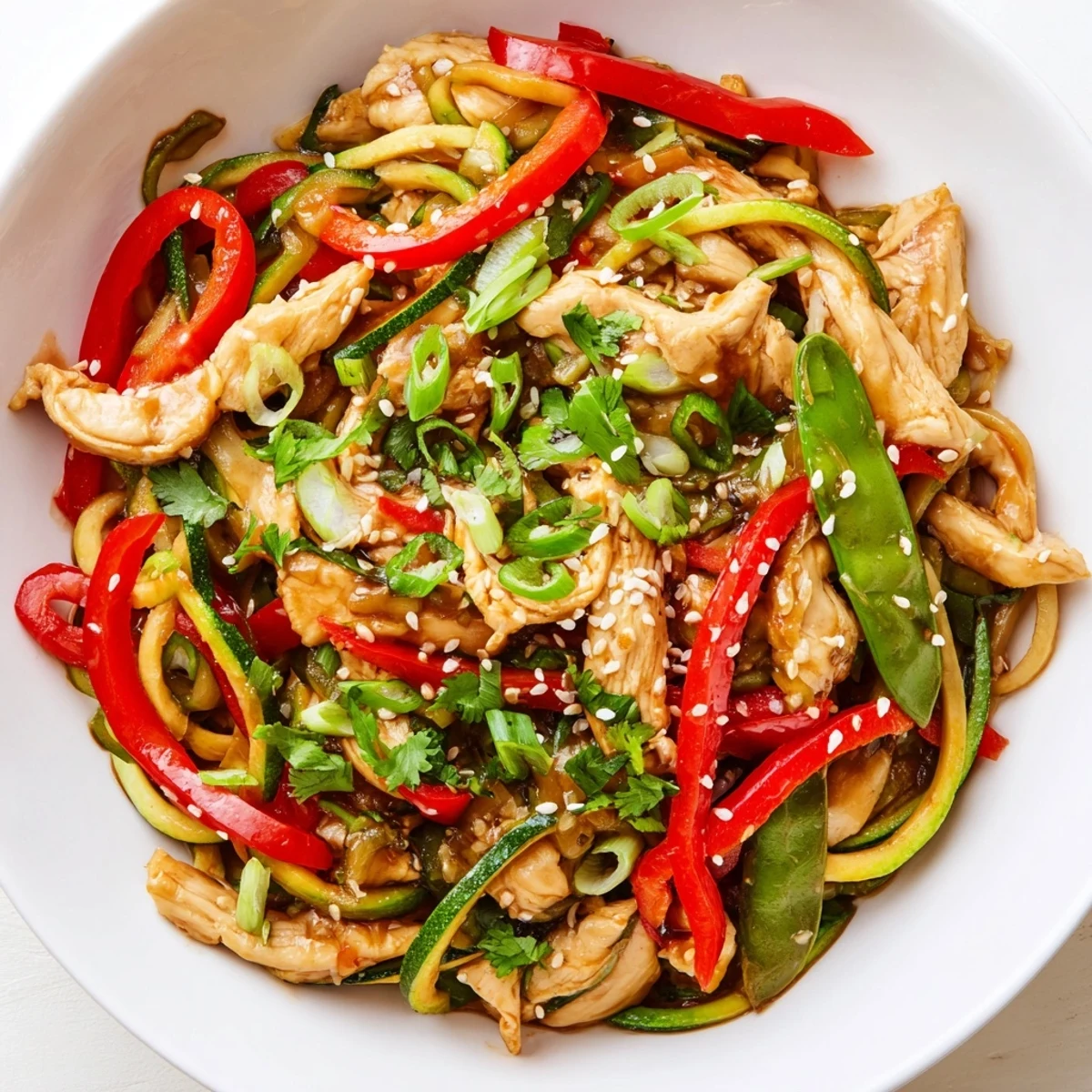 A quick, healthy Garlic Chicken Zucchini Noodles Stir Fry served with colorful bell peppers and snap peas.