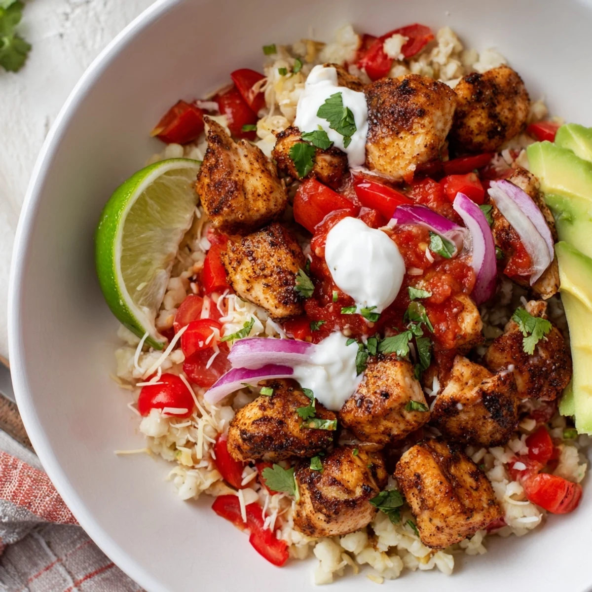 Enjoy this Low Carb Burrito Bowl packed with colorful veggies and topped with melted cheese and fresh cilantro.