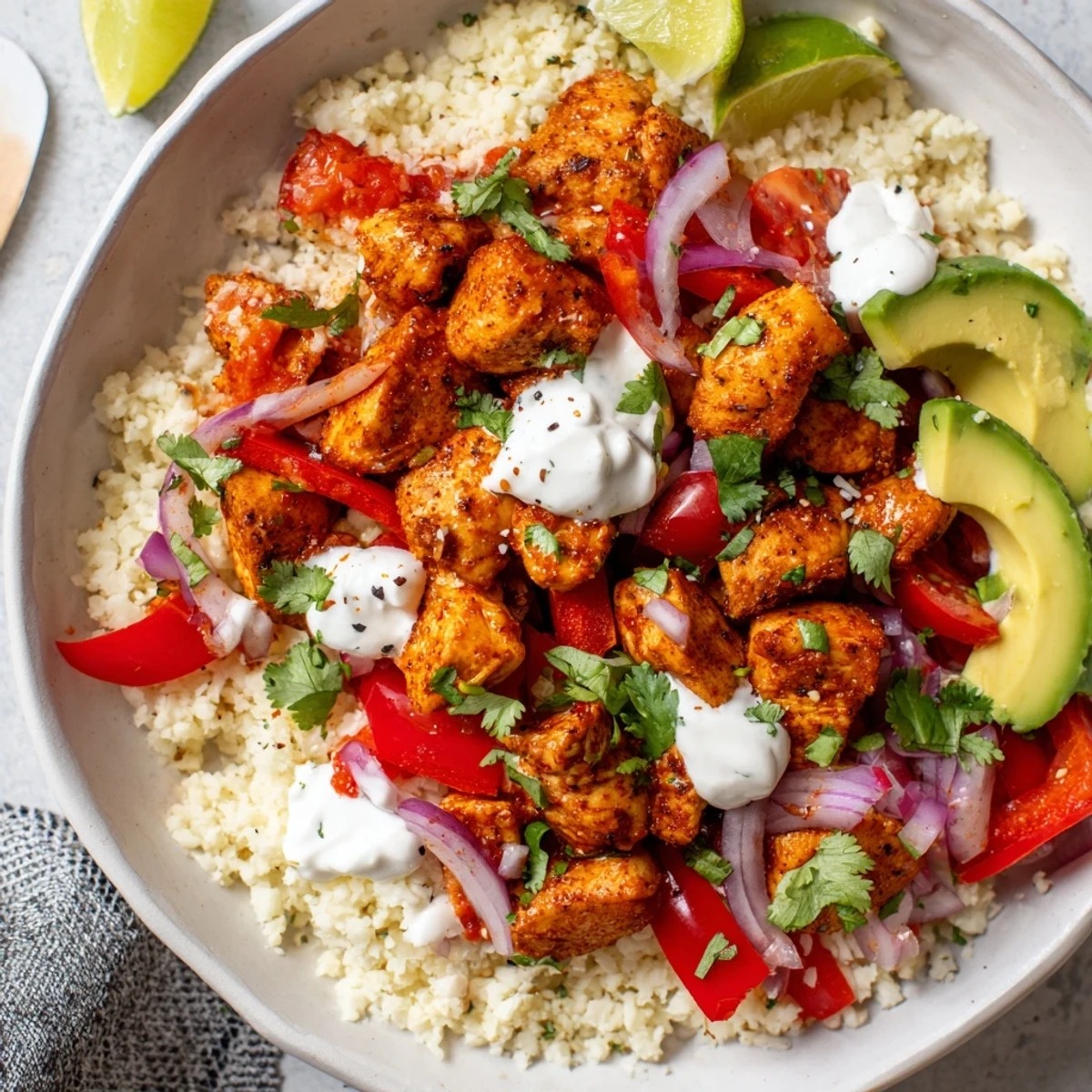 The Low Carb Burrito Bowl showcases vibrant bell peppers, onions, tomatoes, and a drizzle of zesty sour cream.  