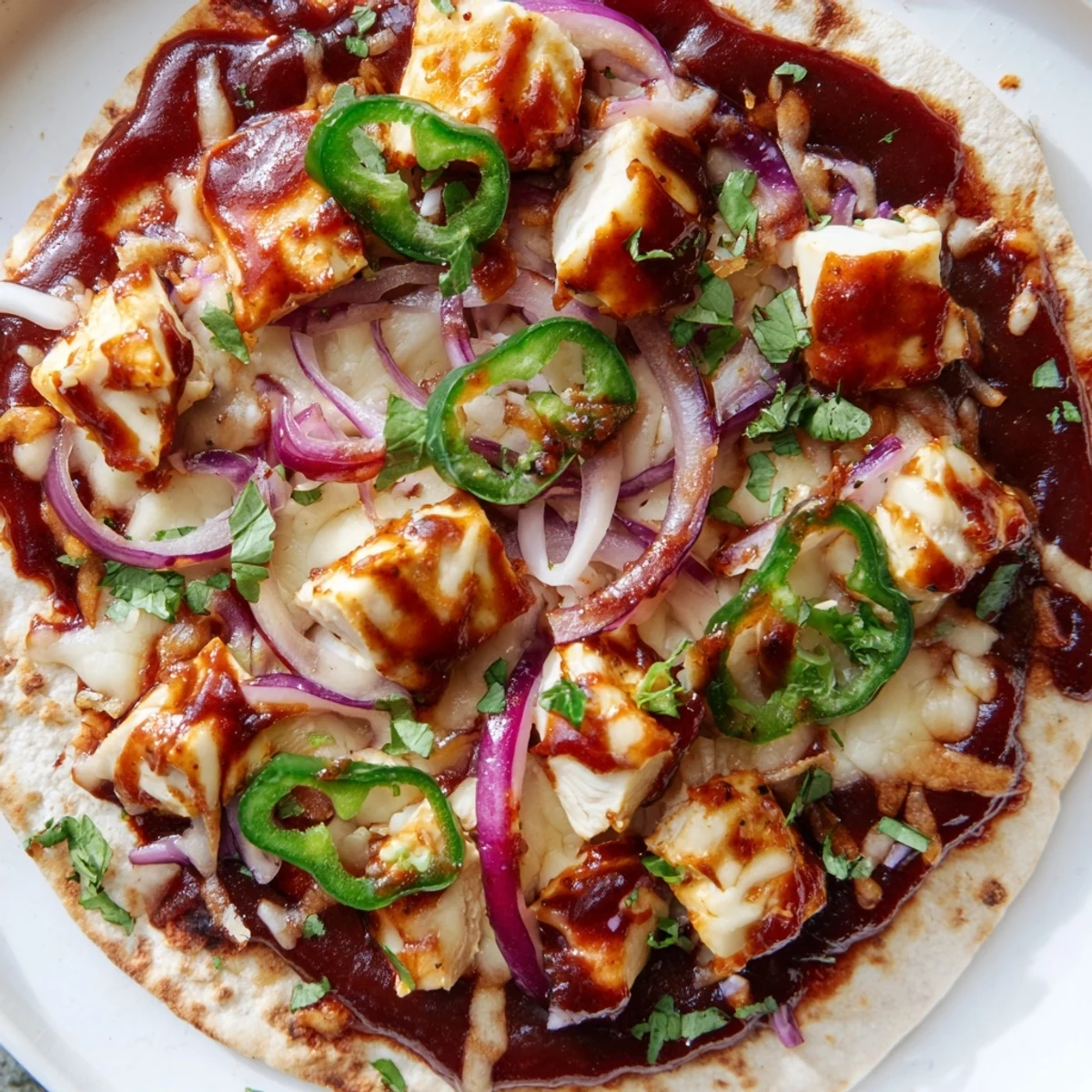 A close-up of golden baked BBQ Chicken Flatbread with melted mozzarella, tangy sauce, and fresh cilantro garnish.