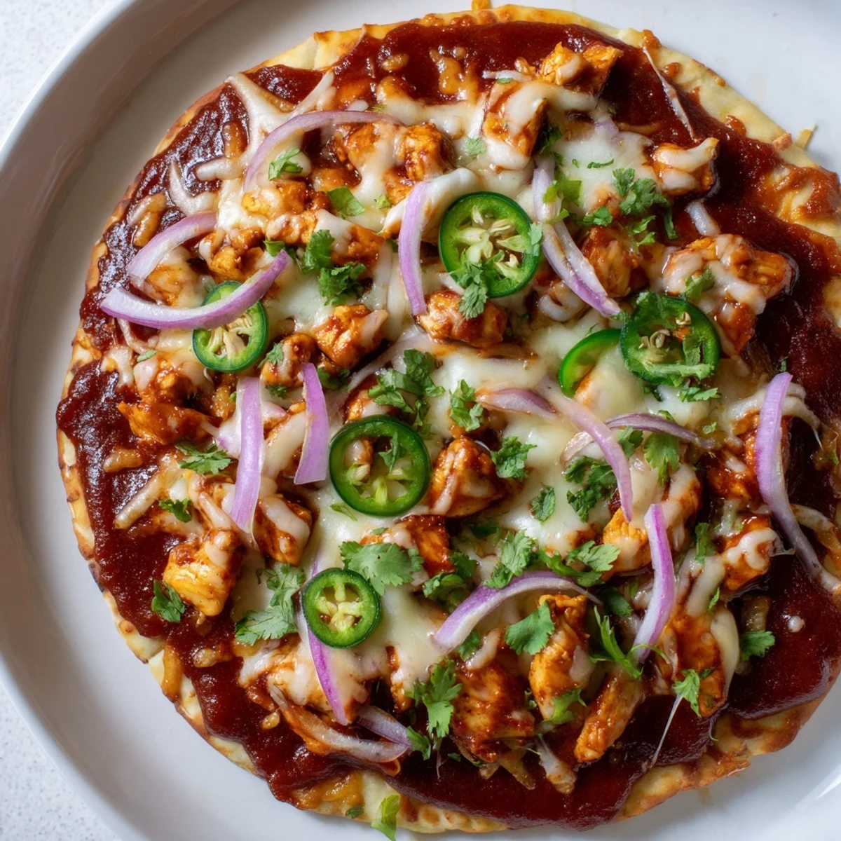 A slice of BBQ Chicken Flatbread shows juicy chicken, red onion, and jalapeños on a crispy naan base.