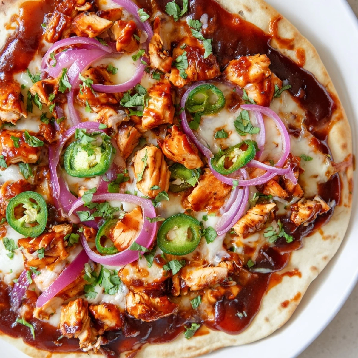 Overhead view of BBQ Chicken Flatbread on a wooden board, served hot with BBQ drizzle and chopped cilantro.