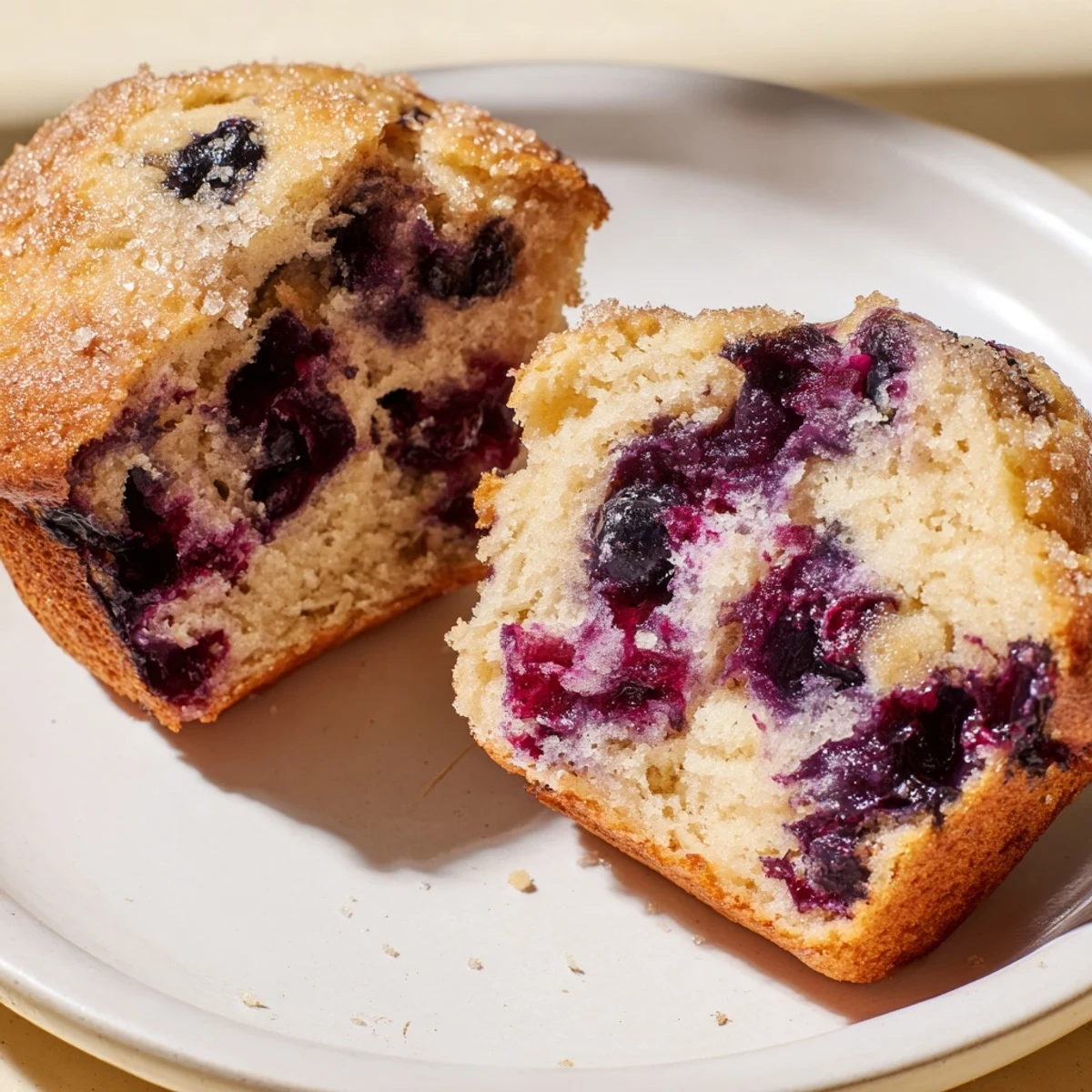 Freshly baked Sourdough Blueberry Muffins with golden tops and juicy berries on a cooling rack.