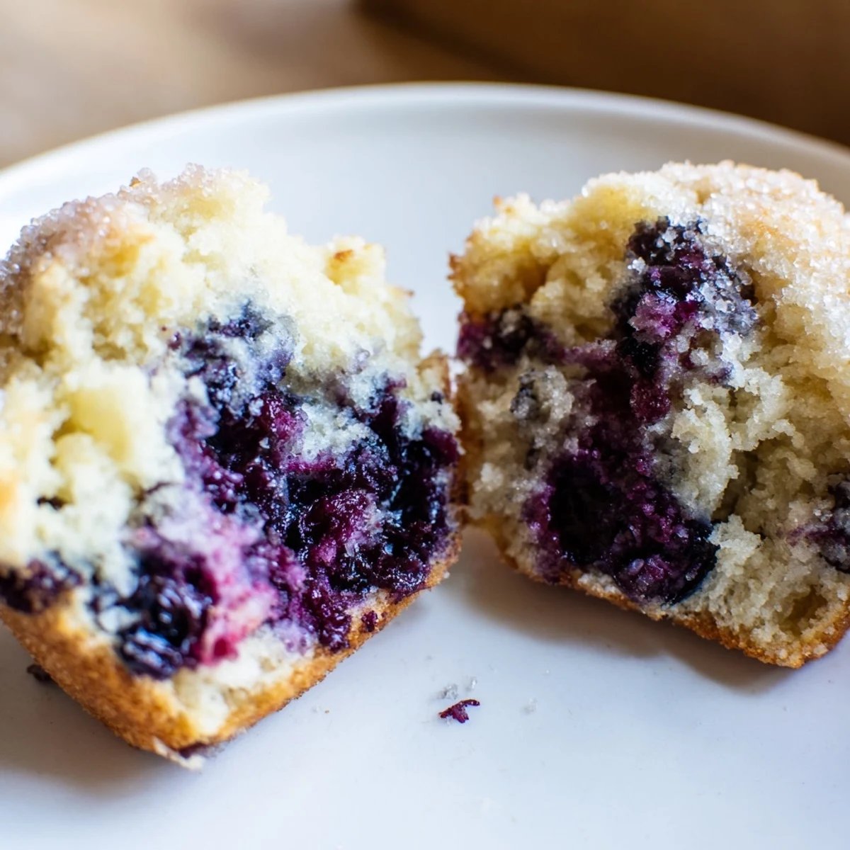 A plate of Sourdough Blueberry Muffins with crumbly tops, ready to serve with coffee.