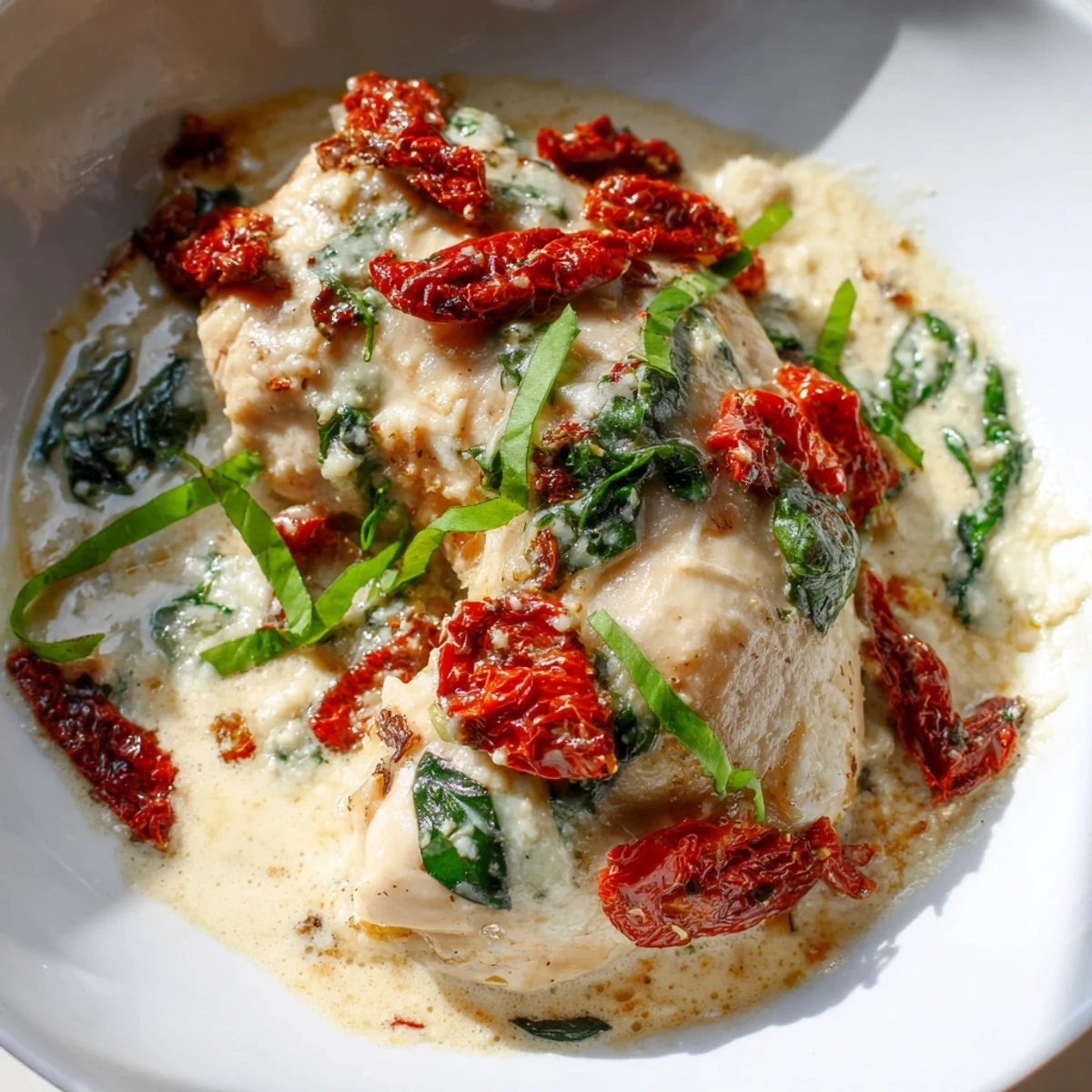 Serving suggestion for Marry Me Low Carb Chicken Casserole with creamy sauce and fresh basil garnish on a rustic table.