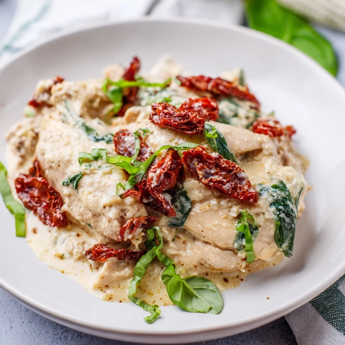Comfort food presentation of Marry Me Low Carb Chicken Casserole featuring tender chicken, spinach, and a rich cheesy texture.