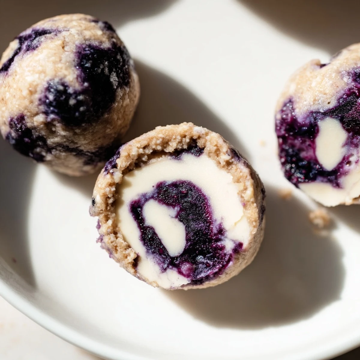 Swirled with blueberry compote, these chilled Blueberry Cheesecake Protein Bites offer a creamy, tangy bite. 