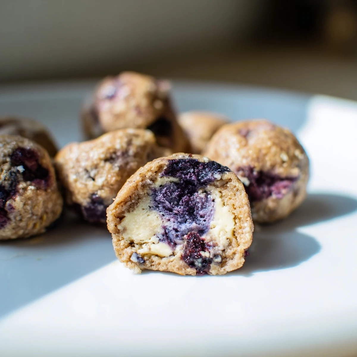 Delicious Blueberry Cheesecake Protein Bites stacked on a white plate, ready to be enjoyed as a healthy snack.