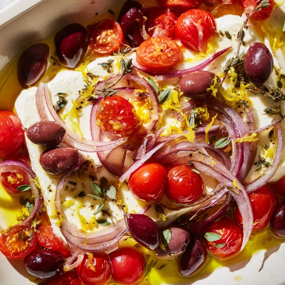 Baked Feta Appetizer with golden tomatoes and olives beside crusty bread for dipping.