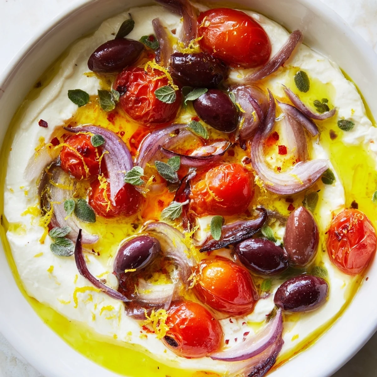 Warm Mediterranean Baked Feta Appetizer featuring creamy feta, blistered tomatoes, and fragrant herbs.