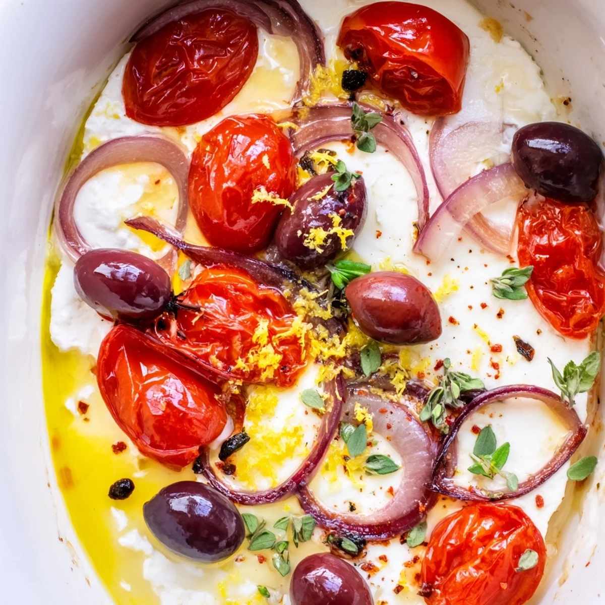 A bubbly Mediterranean Baked Feta Appetizer served from a skillet with olive oil and pita.