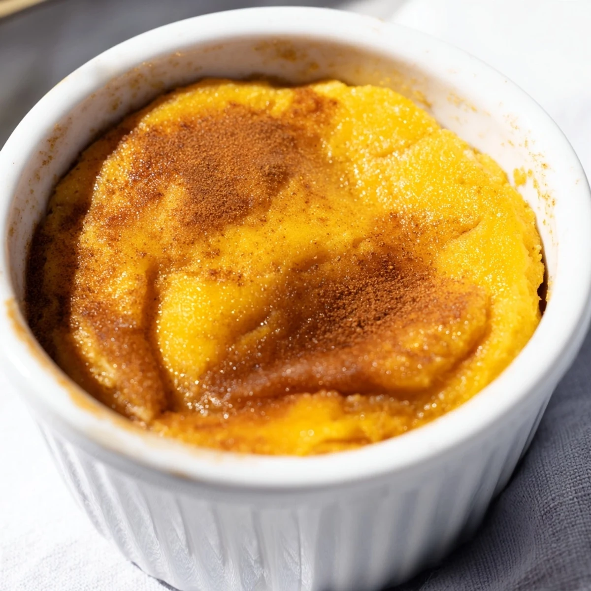 Freshly baked pumpkin spice pudding with a creamy texture, served warm in a ramekin with a dusting of cinnamon.
