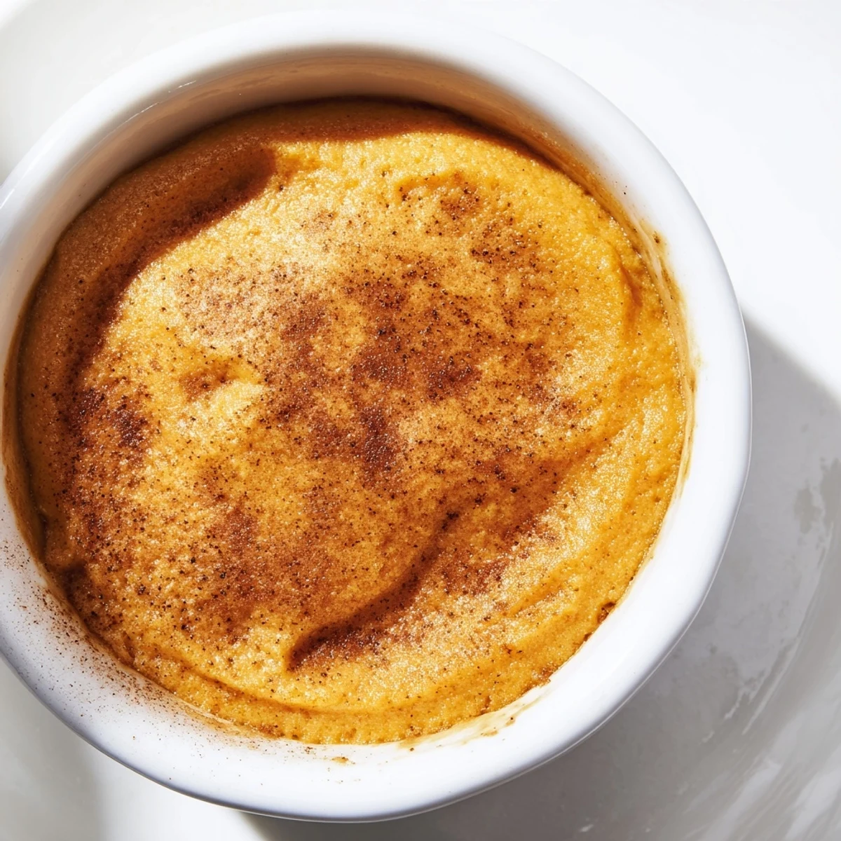 Individual baked pumpkin spice puddings garnished with whipped cream, evoking cozy fall flavors and aromatic spices.