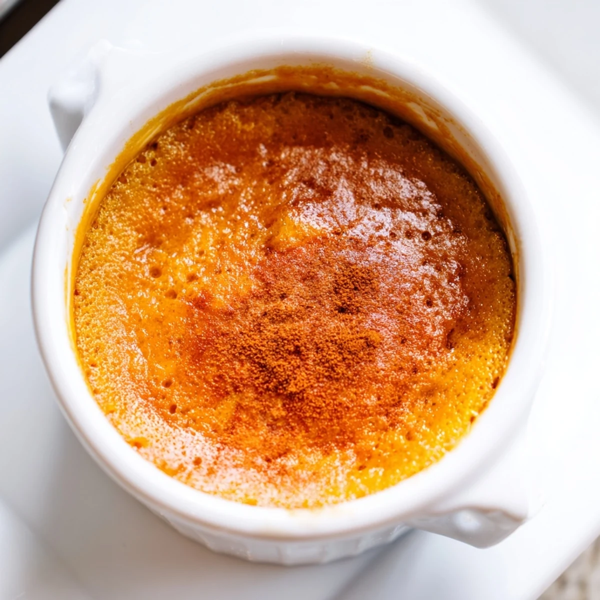 A close-up of baked pumpkin spice pudding, glistening and set, perfect for an autumn dessert table in the U.S.