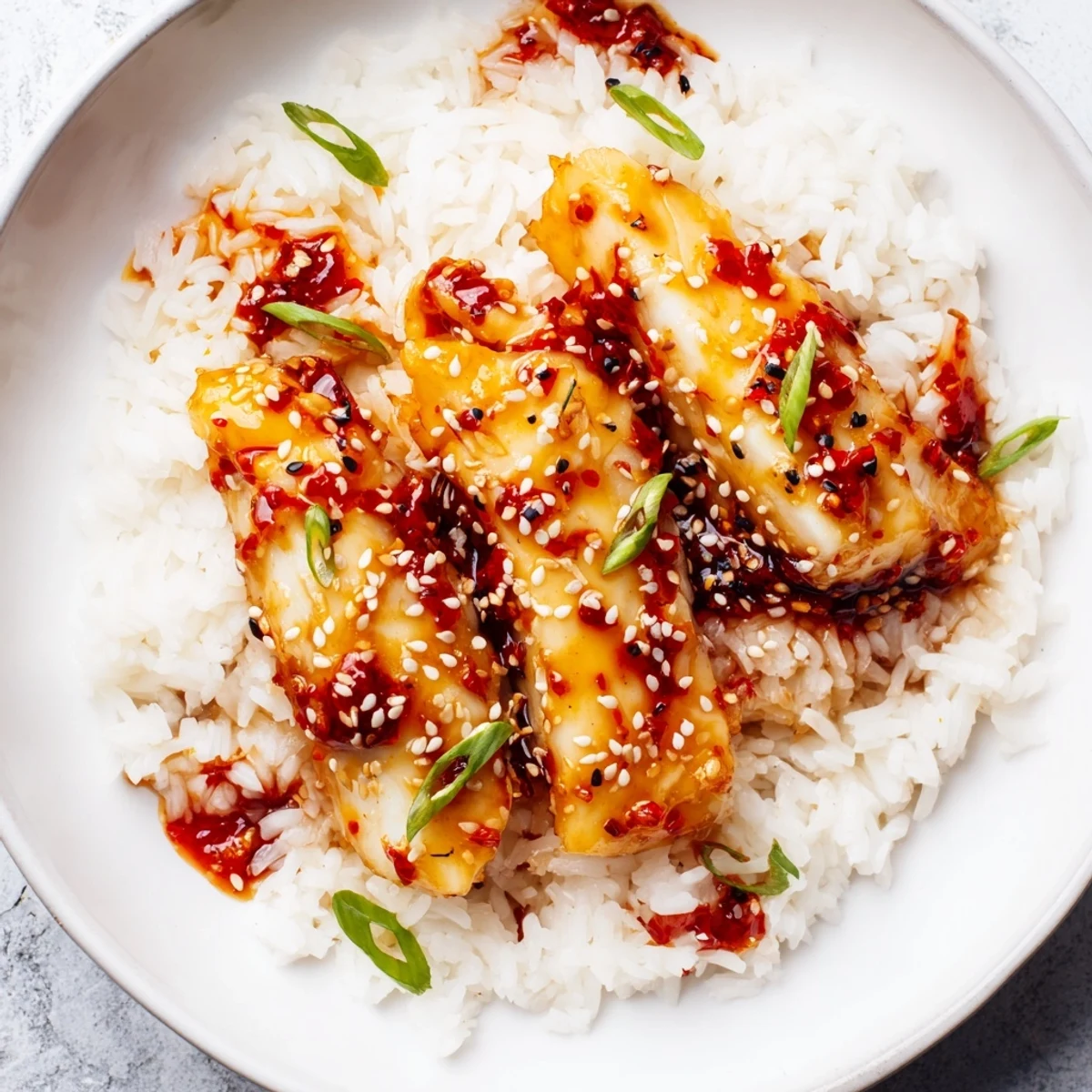 Golden-brown battered cod strips glisten in a sweet and spicy glaze, resting on fluffy white rice with a drizzle of red chili-garlic oil.