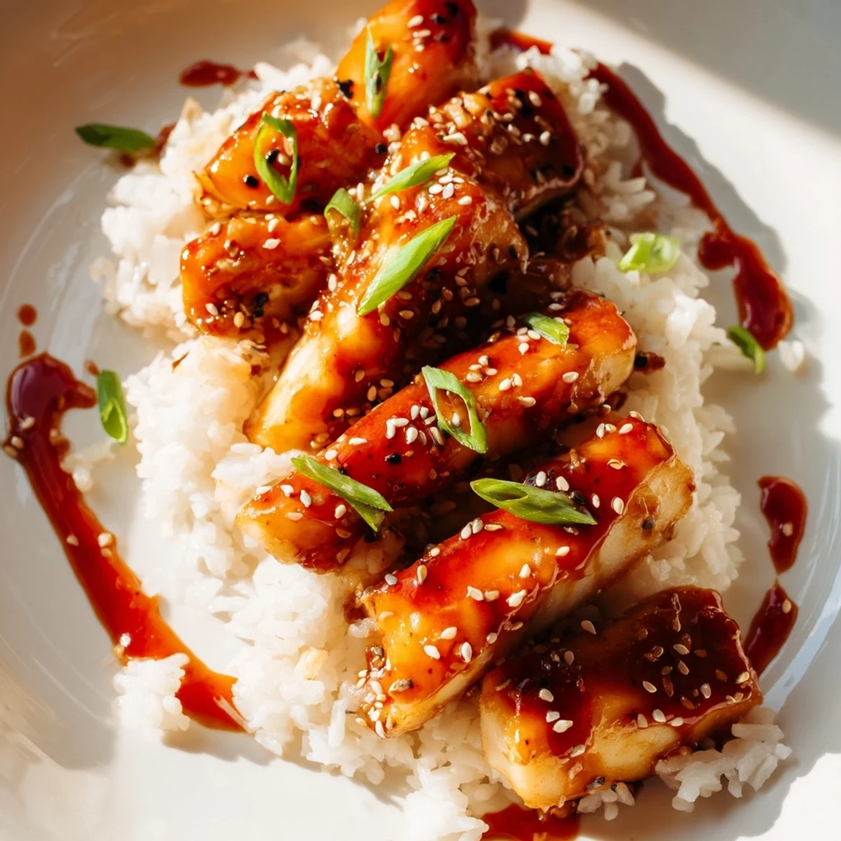 A close-up view of Sweet & Spicy Cod Strips with Chili-Garlic Drizzle over Rice, garnished with fresh cilantro and green onions.