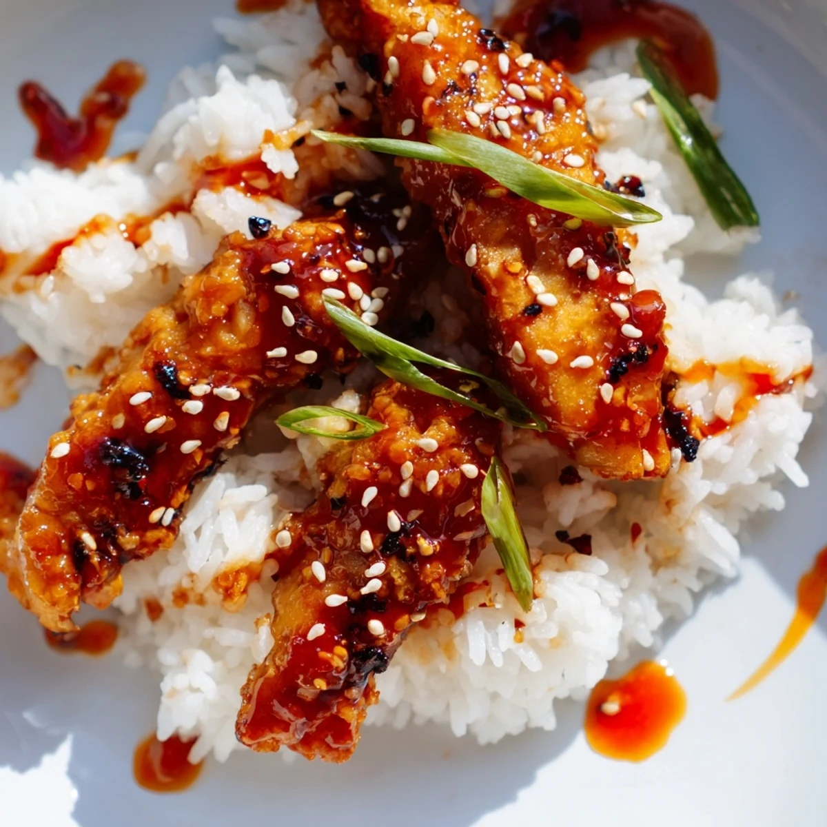 Savory fried cod pieces sit atop steamed jasmine rice, finished with a vibrant chili-garlic drizzle and toasted sesame seeds.