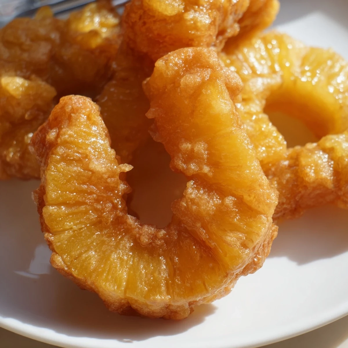 A close-up of warm rum-soaked fried pineapple, its golden crust crackling slightly, ready to be enjoyed with whipped cream.