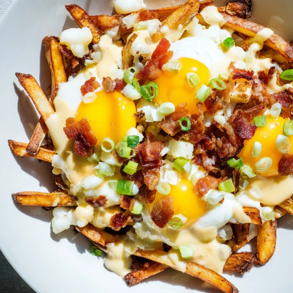 A plated Ultimate Breakfast Poutine features a rich hollandaise drizzle, bright green onions, and savory brunch toppings.